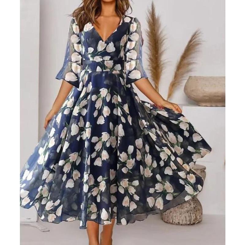 New Spring and Summer Women's Clothing, Fashionable and Casual V-neck Five-quarter-sleeved Women's Clothing Dress