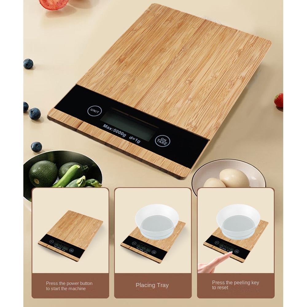 LCD Display Bamboo Kitchen Scale Tare Function 5kg Weighing Digital Food Scales Non-slip Waterproof Electronic Household Scale