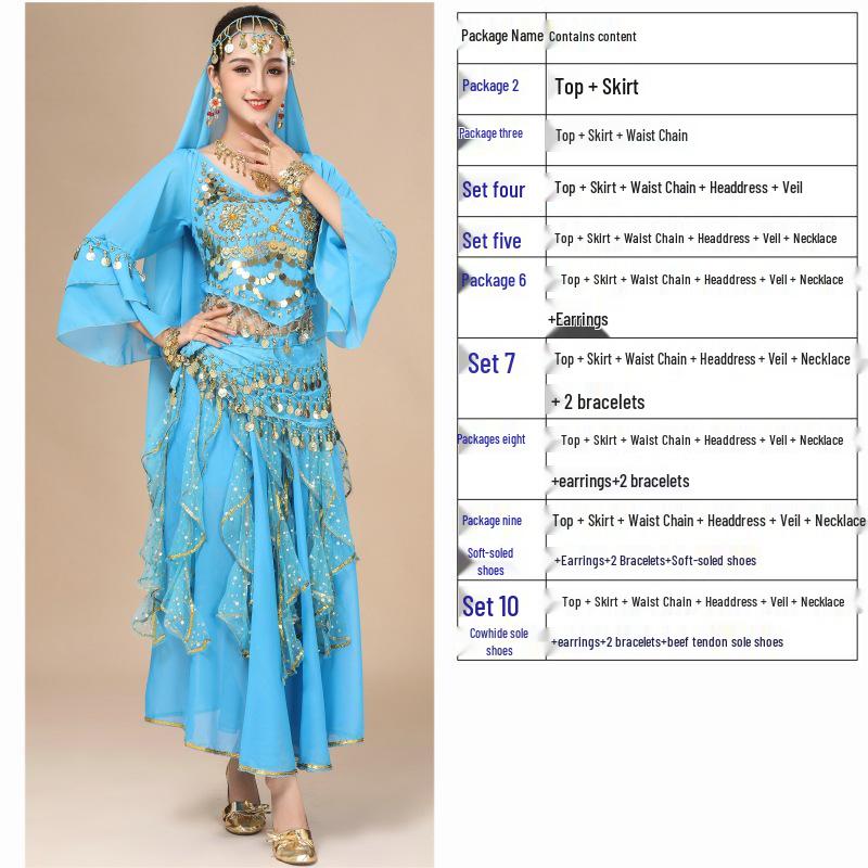 

Костюм для танца живота для женщин - Этнический набор для выступлений с юбкой с рукавами-колокольчиками Plus Size