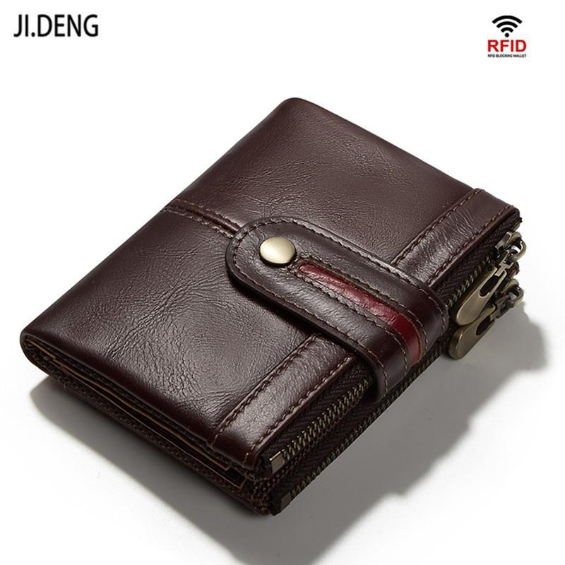 Men's Short Leather Zipper Coin Purse European American Retro Cowhide RFID Anti-theft Brush Wallet