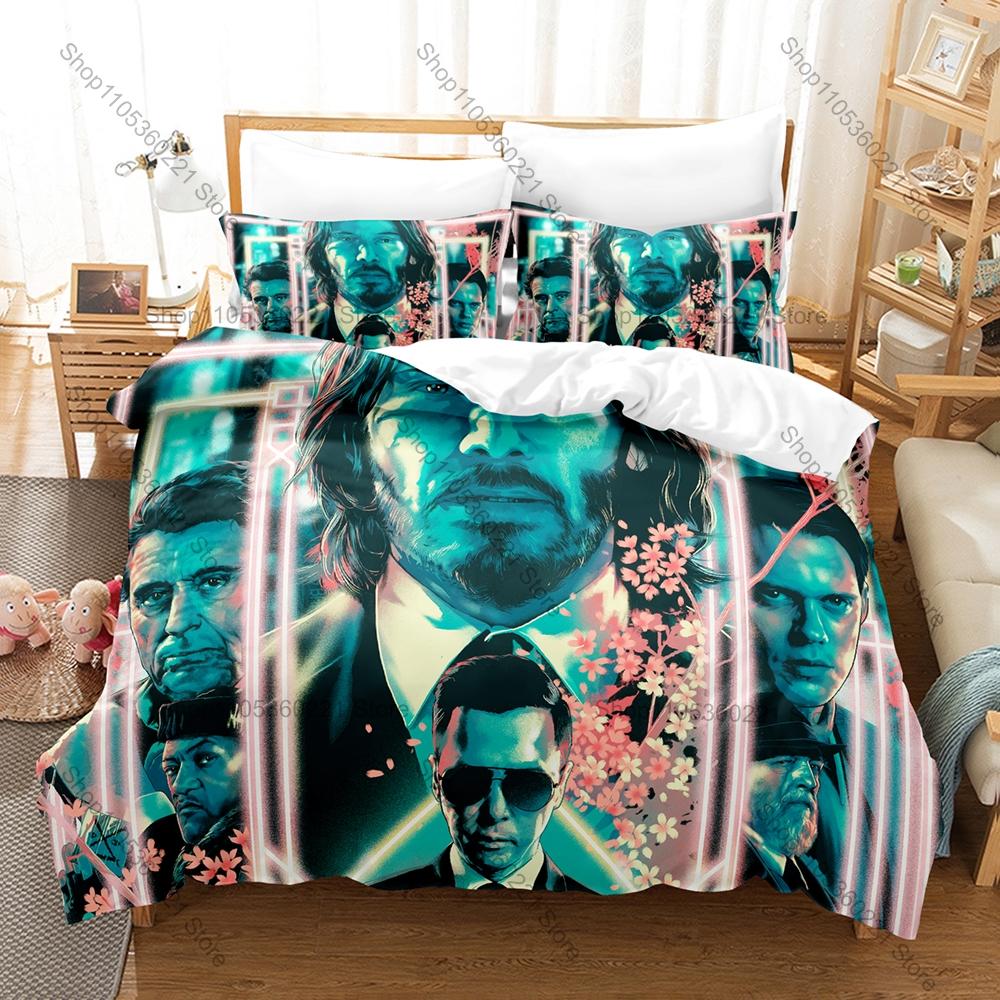 Moody Black Gold John Wick Character Print Duvet Cover + 2 Pillowcases Twin Full Queen King Movie Bedding Set