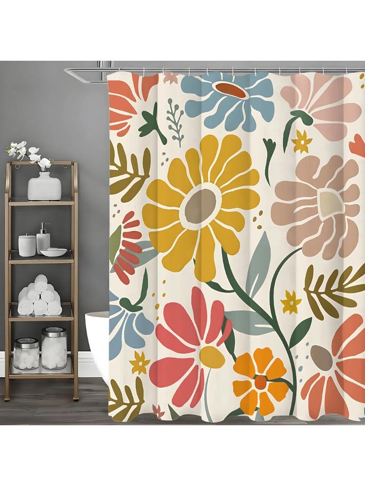Barevný květinový sprchový závěs, Dekorativní sprchový závěs do koupelny, Vodotěsný sprchový závěs s háčky