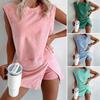 Damen Sommer Baumwolle Zweiteilige Outfits Ärmelloses Tanktop und Mini Schlitzröcke mit integrierter Shorts Set Lässiger Lounge Trainingsanzug