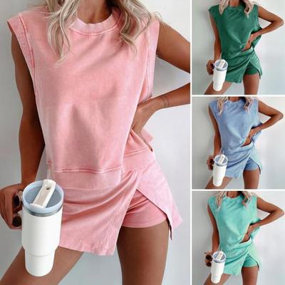 Women's Summer Cotton Two Piece Outfits Sleeveless Tank Top And Mini Split Skirts with Built-in Shorts Set Casual Lounge Tracksuit