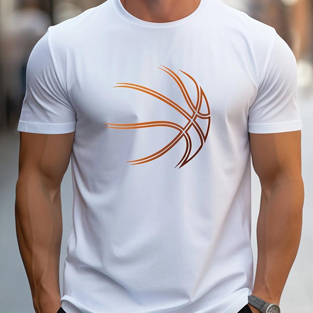 Sommer Herren 100% Polyester bequemes, lässiges und lockeres Oversized Basketballmuster bedrucktes sportliches Hals Kurzarm-T-Shirt