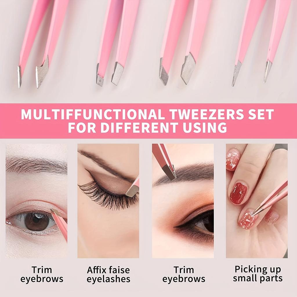4pcs Precision Stainless Steel Tweezers Set, Hypoallergenic Eyebrow Grooming Tools for Facial Hair, Ingrown Hair, Splinter, Blackhead & Tick Removal