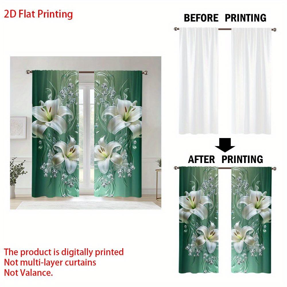 2Pcs Everyday Elegant Jade Lily Print Curtains With Rod Pocket – For Bedroom, Kitchen, Office & Living Room