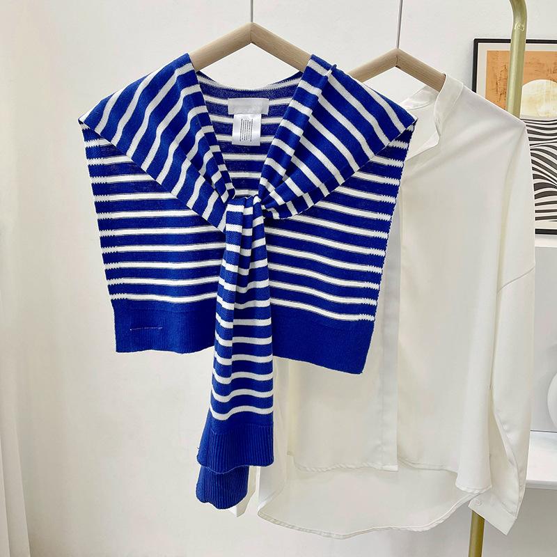 Striped Knit Shawl Navy Style Air Conditioning Room Outdoor Scarf Fake Collar Spring Autumn Office Shoulder Vest