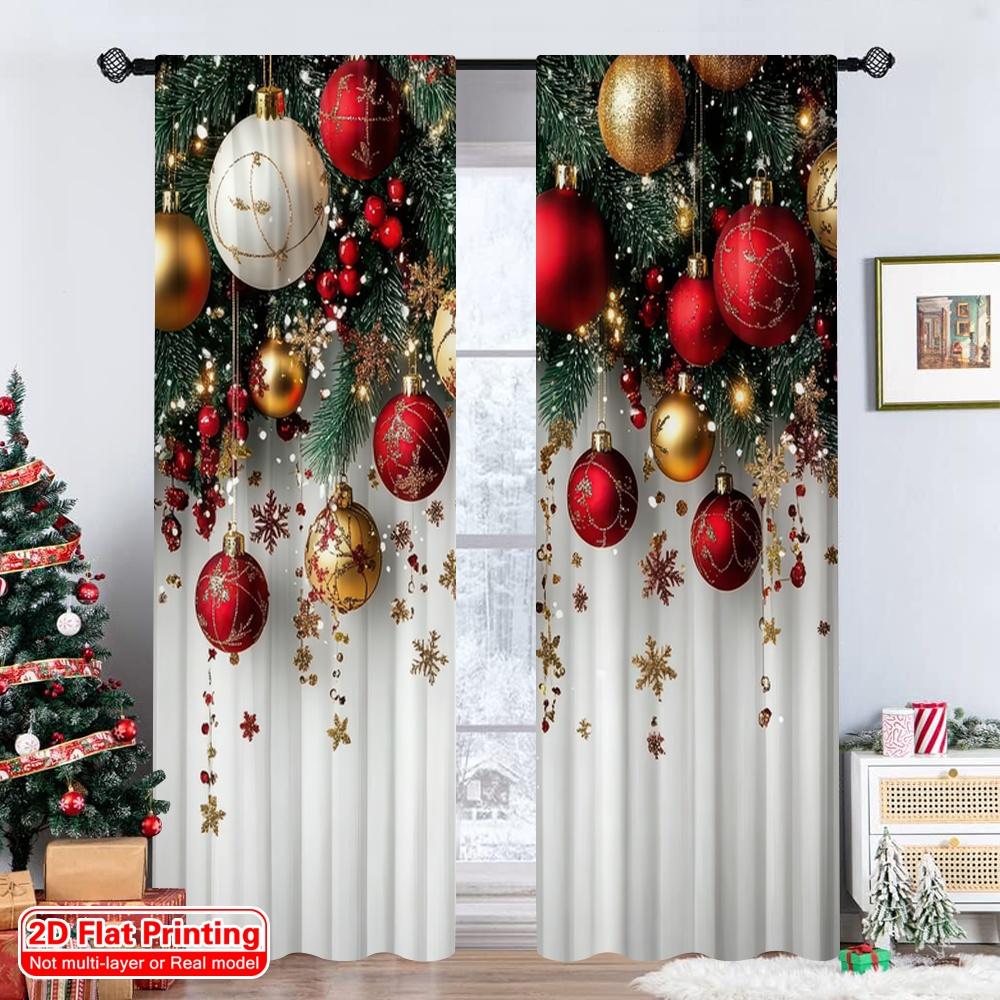 Set Of 2 Flat Printing Merry Christmas Popular Curtain Red Gold Ball Pine Branch Snowflake Versatile Polyester Without Made