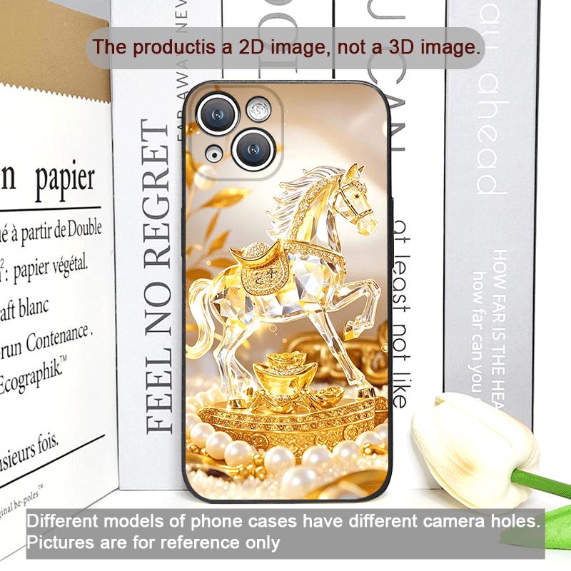 Luxury Crystal Golden Horse Pattern Phone Case for IPhone 17 16 12 11 14 Plus 13 15 Pro Max Mini X XS XR Shockproof Soft Covers