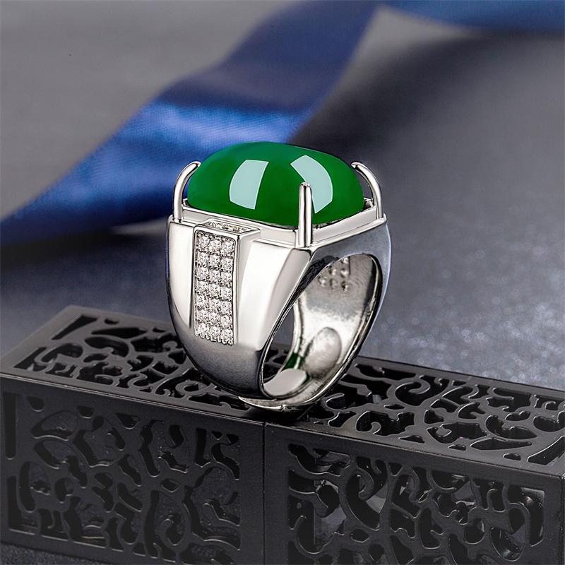 Anello Quadrato Temperamento Giada per Uomo Gioielli 2024 Nuovo Anello da Dito Maschile Argento 925 Gioielli Regolabile