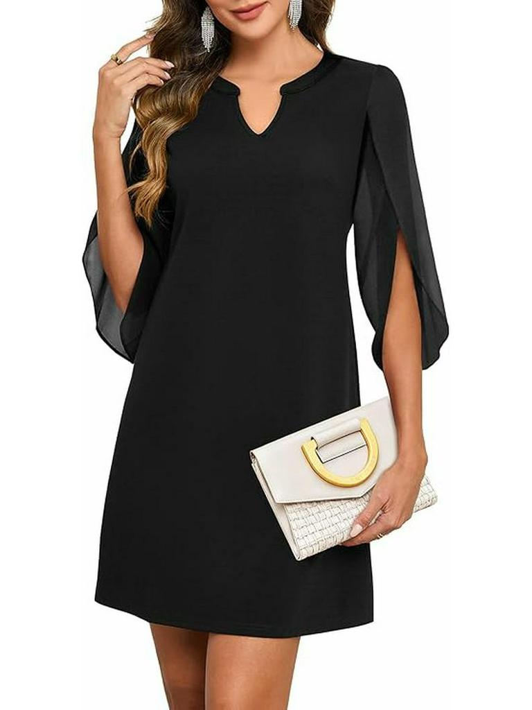 Europa und Amerika Unregelmäßiger Ärmel Einfarbige Chiffon Mittellanges Vielseitiges Freizeitkleid für Damen.