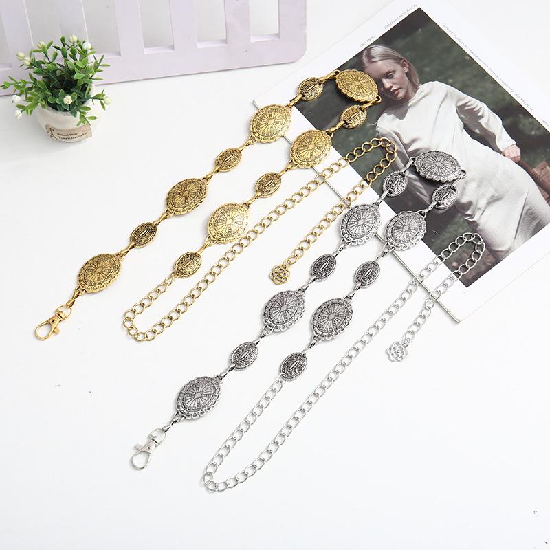 Chaîne de taille en métal de style rétro pour femme, ceinture réglable en forme de cercle décoratif sculpté, accessoires de style haut de gamme