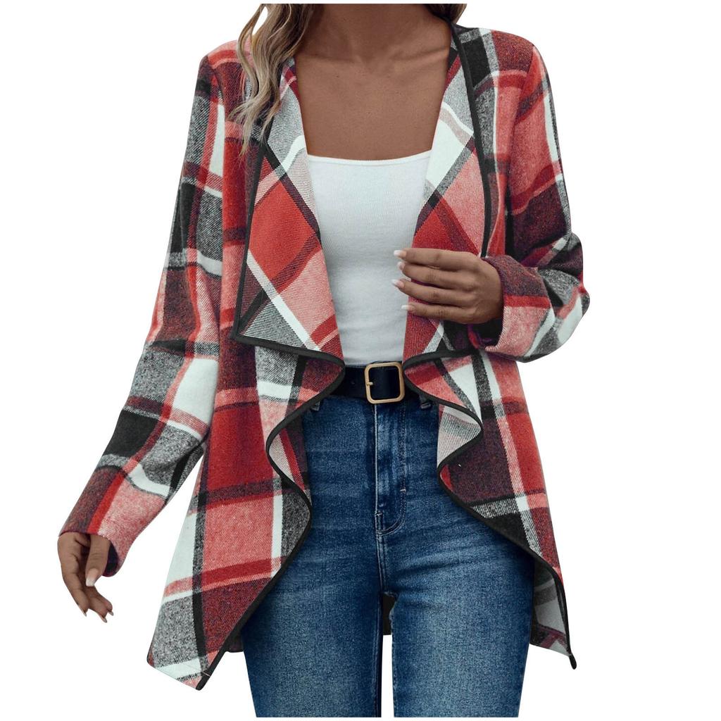 Ladies' Plaid Printed Fashionable Long Sleeved Jacket Cardigan