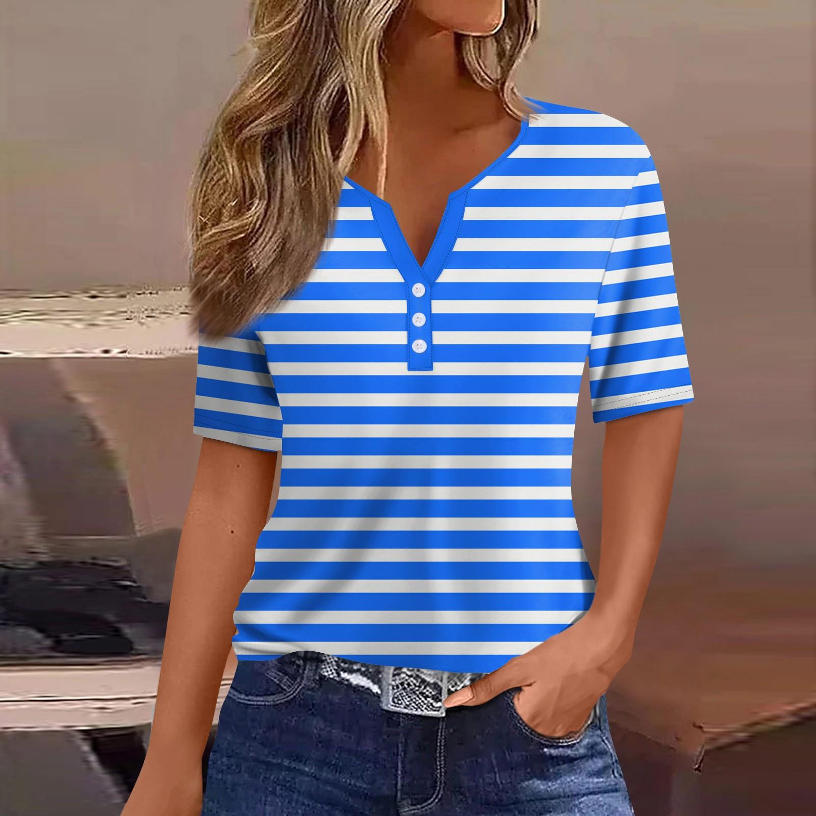 

Женская модная повседневная однотонная полосатая футболка с V-образным вырезом и коротким рукавом с декоративными пуговицами L синий