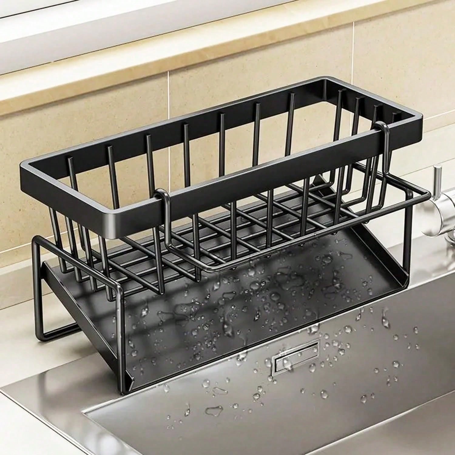 Kitchen Sink Caddy, Sponge Holder for Kitchen, Soap Dish Holder for Countertop, with Dishcloth Hanger Drying Rack, Rustproof 304 серый