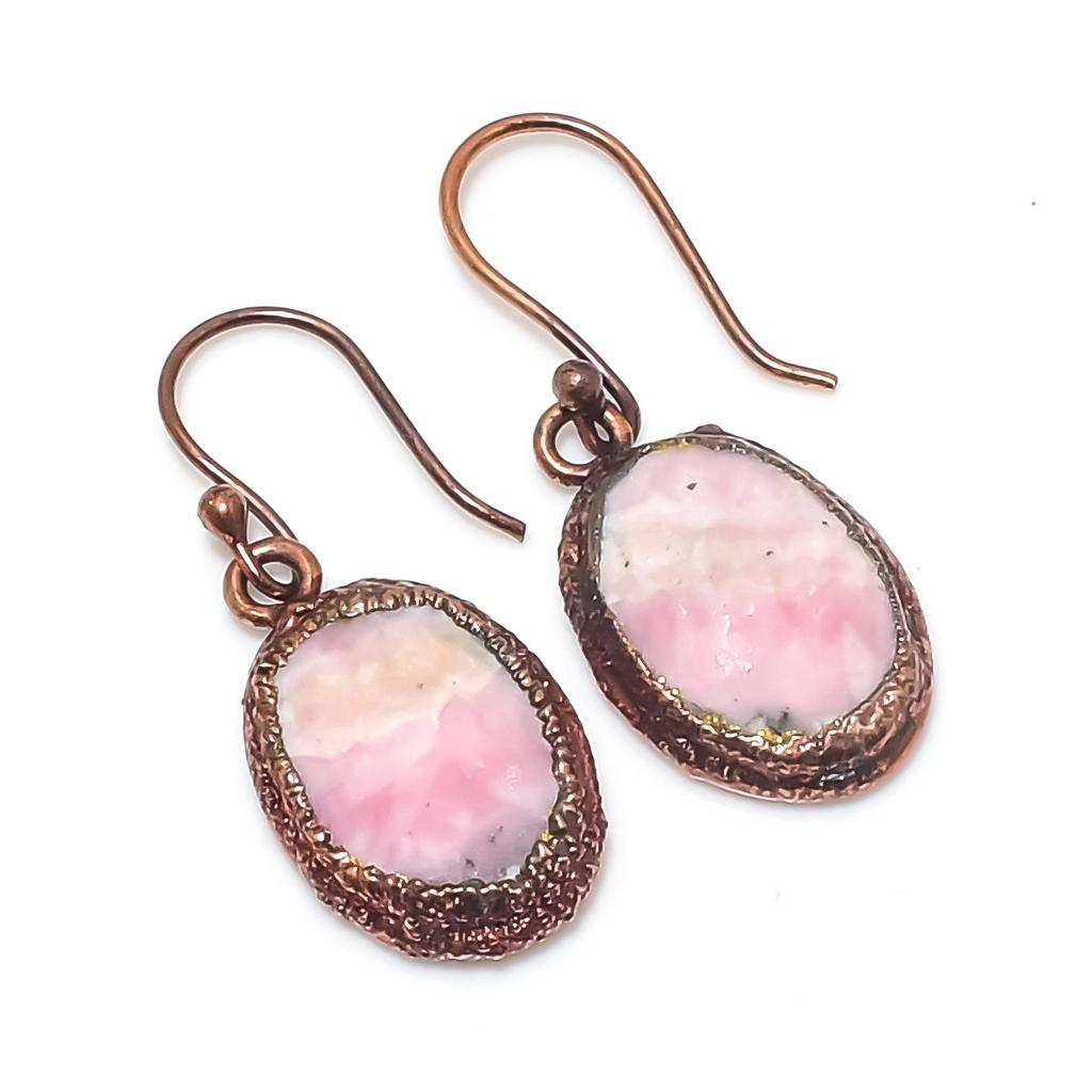 Rhodochrosite Copper Electroformed Earrings, Handmade Gemstone Jewelry Earrings For Memorial Day