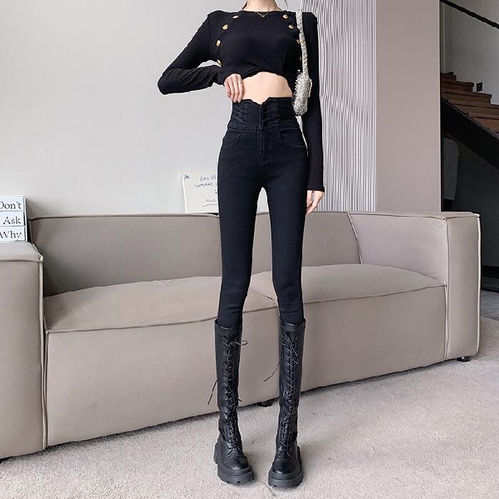 

Women’s High Waist Black Skinny Jeans – Spring/Autumn, Korean Style, Slimming, Elastic, Ideal with Boots. X-Small
