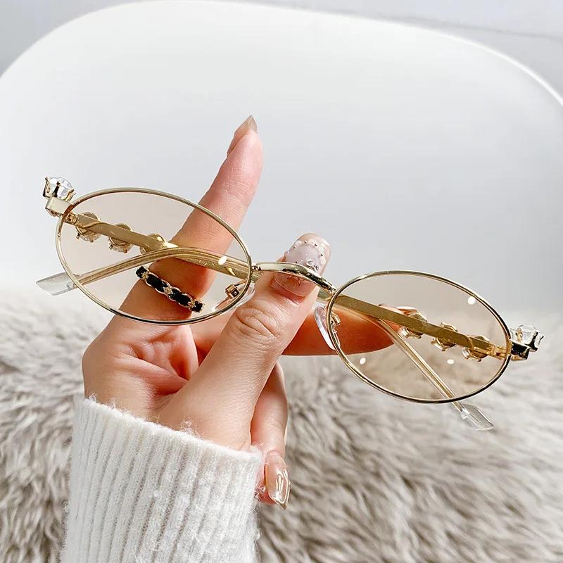 Fashion Metal Oval Glasses for Women with Rhinestone Diamonds UV400 Sunglasses Unisex Bling Eyewear Frames New In