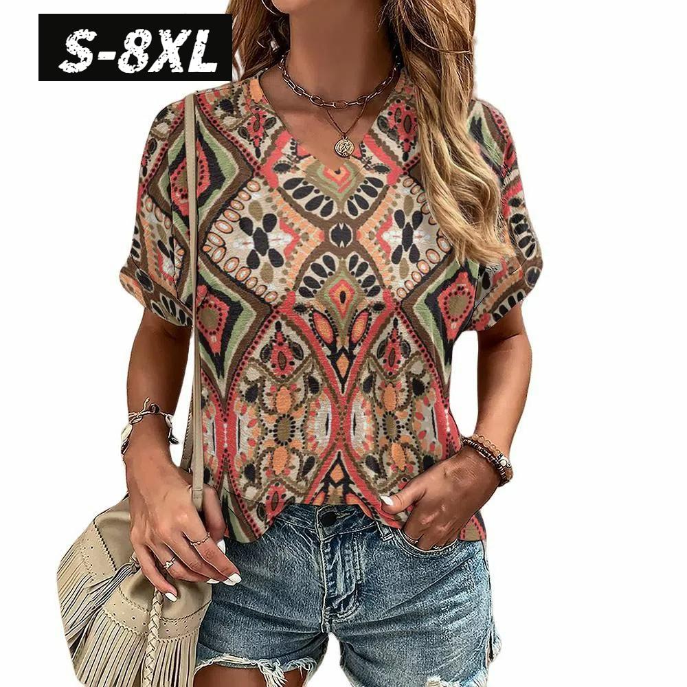 S-8XL Plus Size T-shirt for Women's Summer Short Sleeve Casual Tops Street Fashion V Neck T-Shirt Female Clothing Pullover