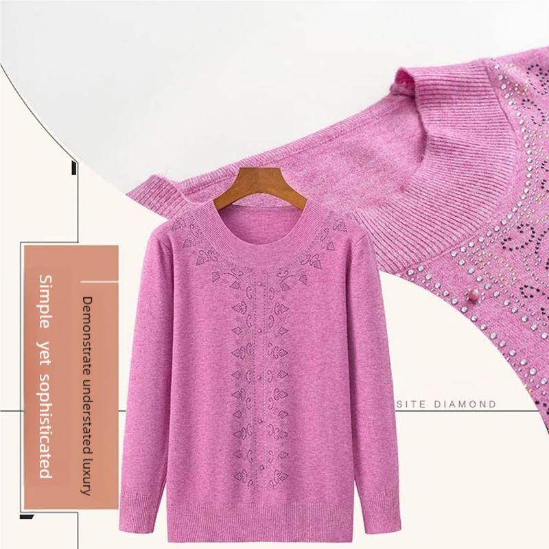 Spring and Autumn Thin Women's Round Neck Sweater Rhinestone Loose Knit Pullover Sweater Plus Size Knitwear