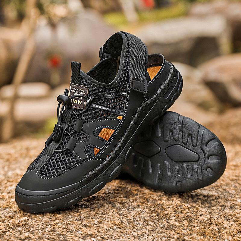 

Hand-stitched men s shoes outdoor casual shoes buckle flat-soled leather shoes summer low-top large-size cross-breathable mesh shoes men 38 чорний