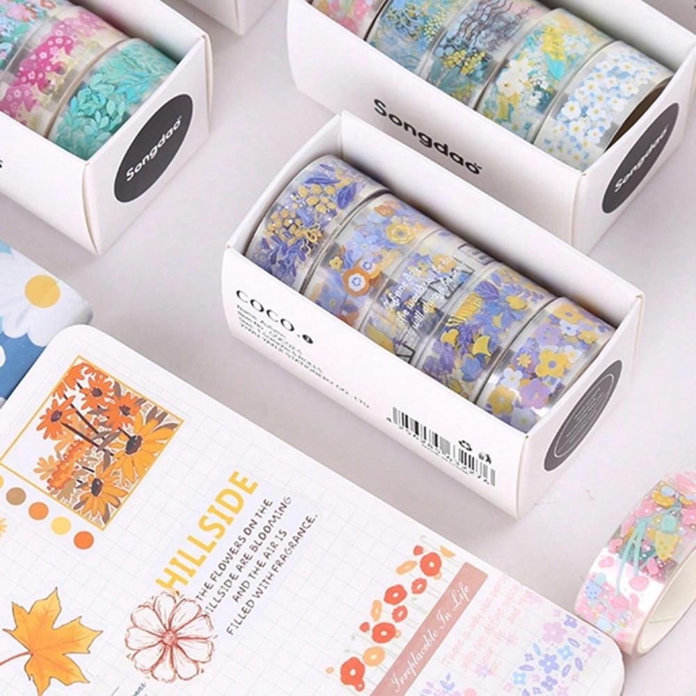 5 Rolls Of 1.8" * 3.23" Cute Transparent Midsummer Daisy Decorative Stickers DIY Materials And Paper Tapes
