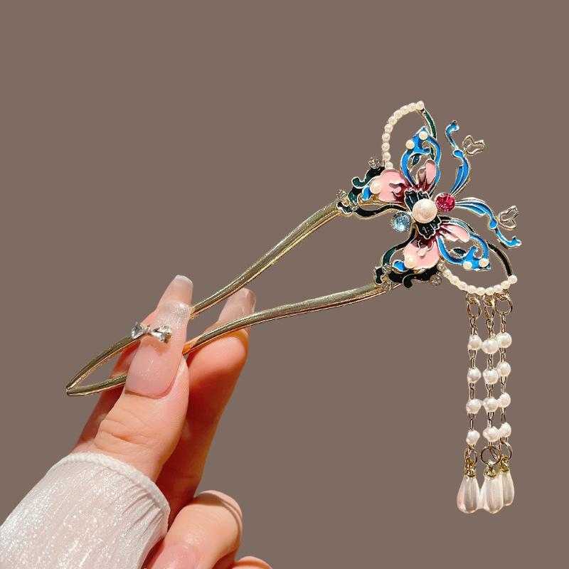 Pearls U Shaped Hair Sticks Fan Shaped Butterfly Tassel Hair Forks Bun Metal Hairpins Elegant Women Jewelry Hair Accessories