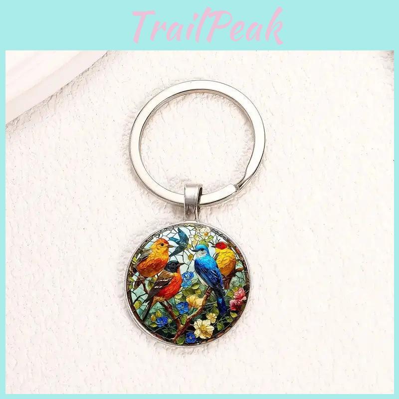 Cute Watercolor Bird Group Glass Keychain With Alloy Attachment For Gift And Accessory