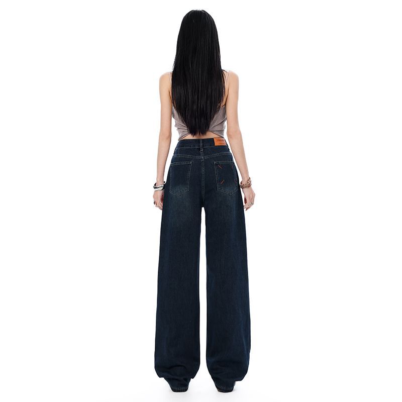 Spring Summer Rhinestone Vintage Relaxed Drape Floor Straight Wide Leg Denim Pants For Women Casual Pants Oversize Denim Trousers