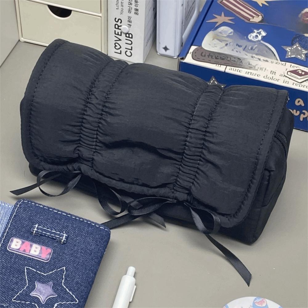 INS Bow Drawstring Pen Bag Large Capacity Stationery Storage Bag Solid Color Pencil Case  Gift