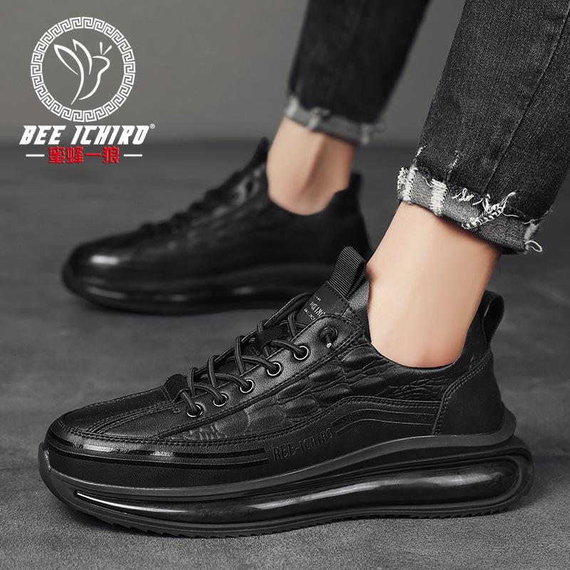 Leather Cotton Shoes Trendy Men's Shoes Spring and Autumn Crocodile Pattern Popcorn Dad Sneakers Black Shoes