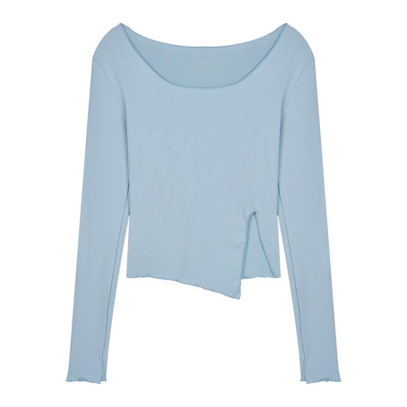 Solid Color T-shirt Women Short Irregular Slim Open Long Sleeve with Base Shirt Autumn Slim Top Trend