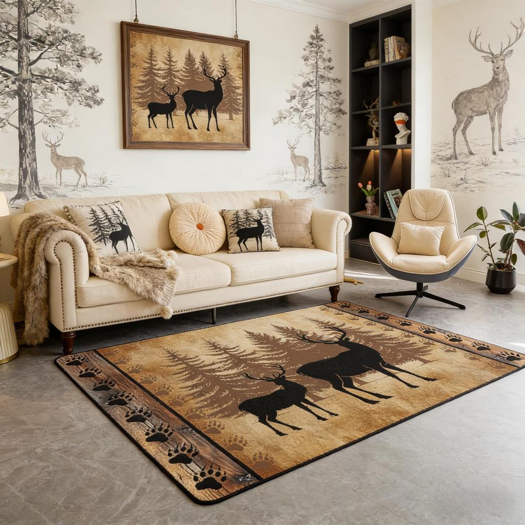 Erosebridal Farmhouse Deer Area Rug 5x7 for Living Room Camo Woodland Hunting Rugs for Bedroom Rustic Cabin Carpet Non Slip Wildlife Animal