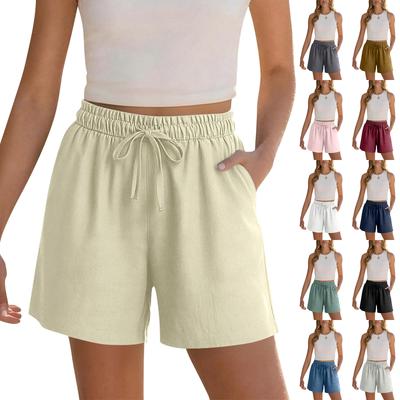 Damen Baumwoll-Leinen Shorts mit Kordelzug Taille Lockere Passform Leichte Atmungsaktive Sommer Casual Shorts mit Taschen
