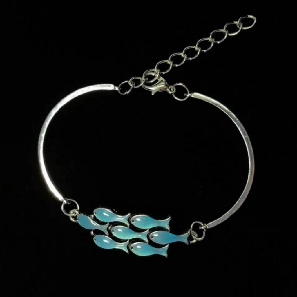 Vintage Bangle Bracelets for Women, Unique Designer Jewelry w/ Golden School of Fish Charm, Ocean Theme Charm Bracelet