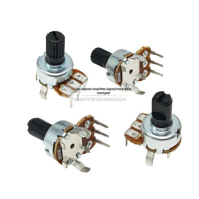 Type 121 Single Gang Rotary Volume Potentiometer with D-Type Knurled Half-Shaft, B10K/B50K/B100K, Vertical 3-Pin Through-Hole.