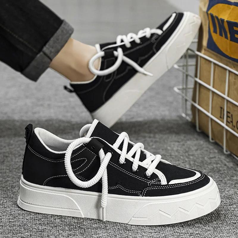 Male Canvas Shoes Patchwork Men's Sneakers Korean Style Comfortable Platform Shoes Men's Breathable Lace-Up Vulcanized Shoes