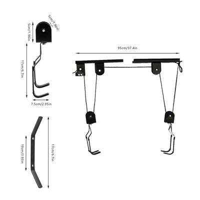 60kg Bike Hoist for Garage Ceiling Mount Pulley System Bike Storage, Set Of Bike Hangers for Garage Storage + Hooks Black Steel