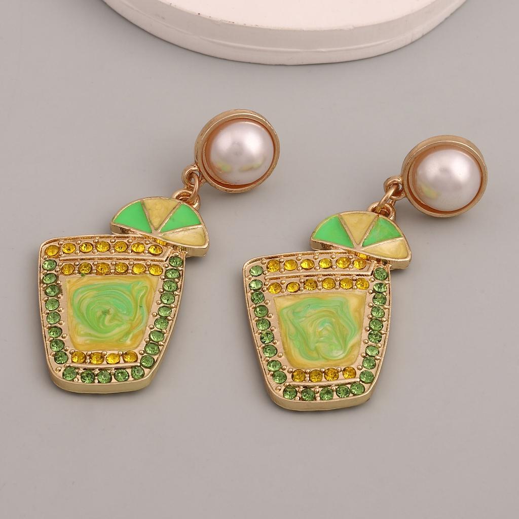 European and American New Holiday Style Fashion Creative Diamond Wine Glass Lemon Alloy Earrings Dripping Oil Personality Versatile Woman