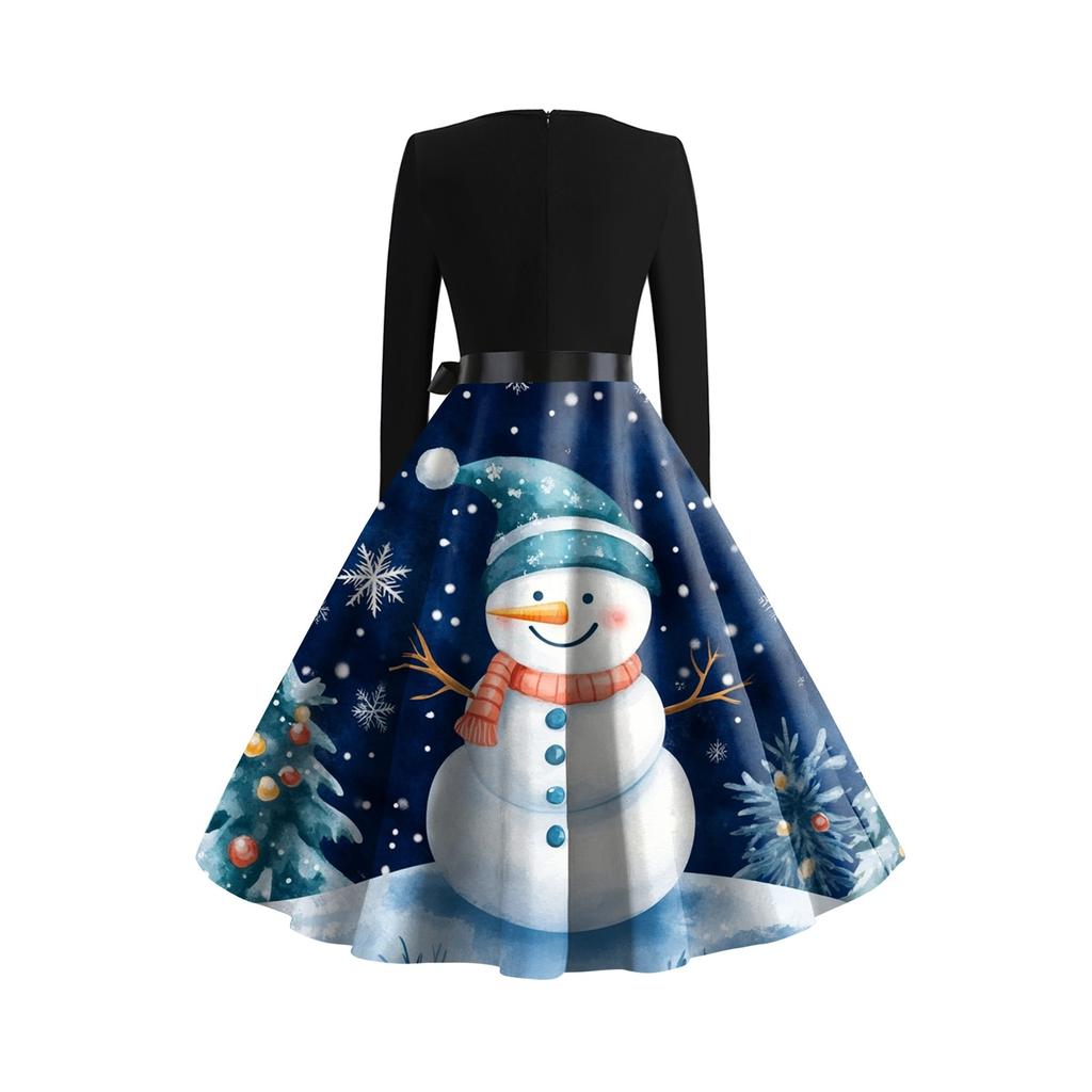 Women Vintage Long Sleeve Christmas Print 1950s Housewife Evening Party Prom Dress