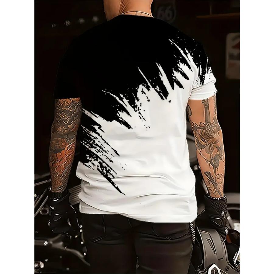 Men Casual Graphic T-Shirt - Black & White Abstract Design, Short Sleeve, Round Neck  Stretchy Summer, Streetwear Style, Everyday Comfort Tee