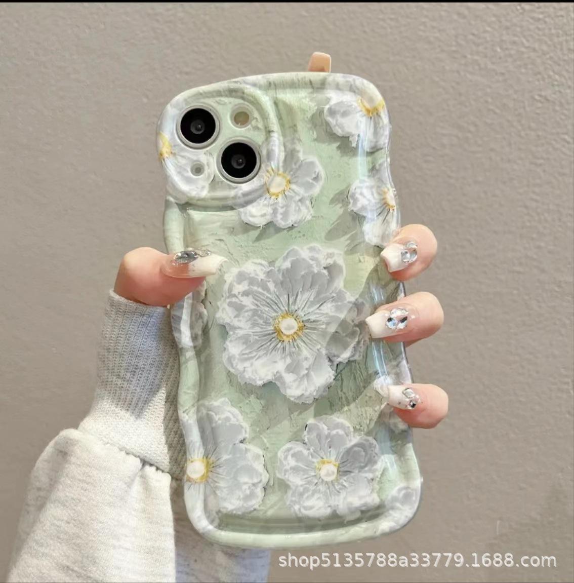 Apple mobile phone case Internet celebrity green oil painting flower iPhone16ProMax/15 cartoon MATE40PRO Huawei apple 16