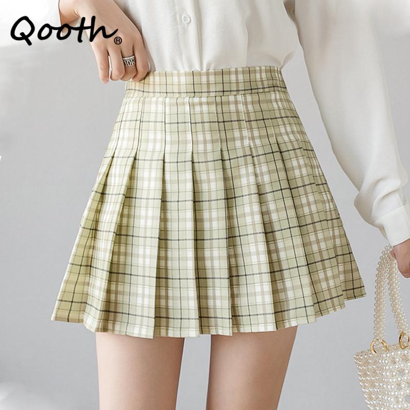 Qooth School Style Plaid Pleated Skirt XS-2XL Size Girl Sweet  Mini Skirt For Spring Summer QT2224