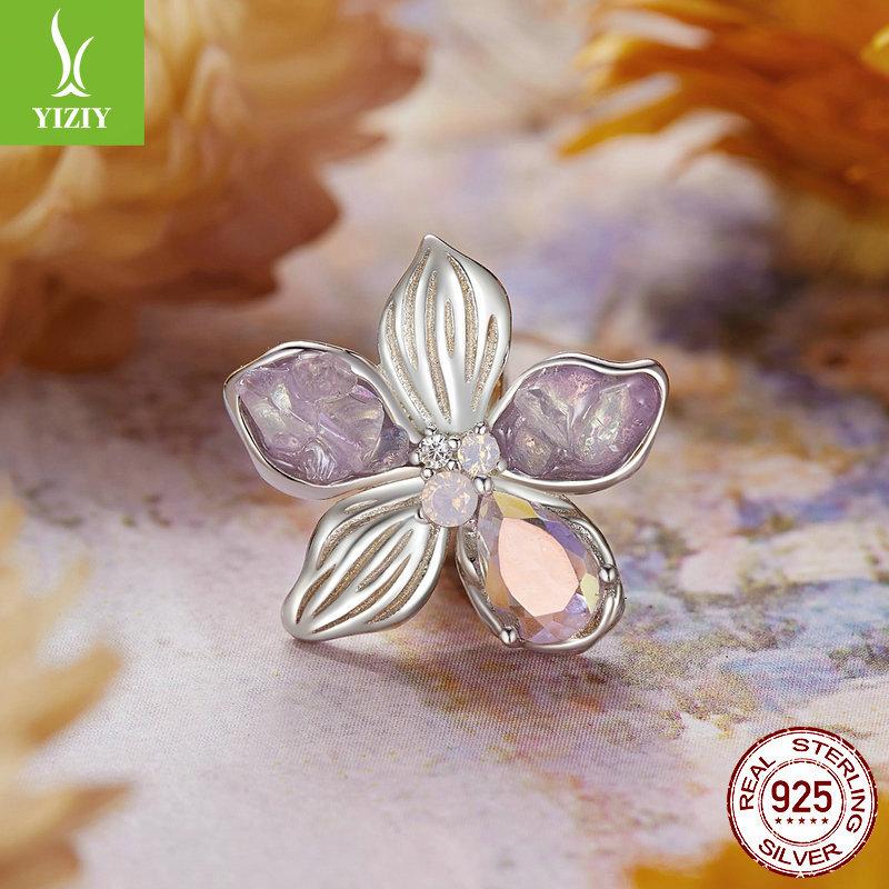 Purple Flower Diy Silicone Positioning Bracelet Beads, Sweet Girlish S925 Sterling Silver Beads