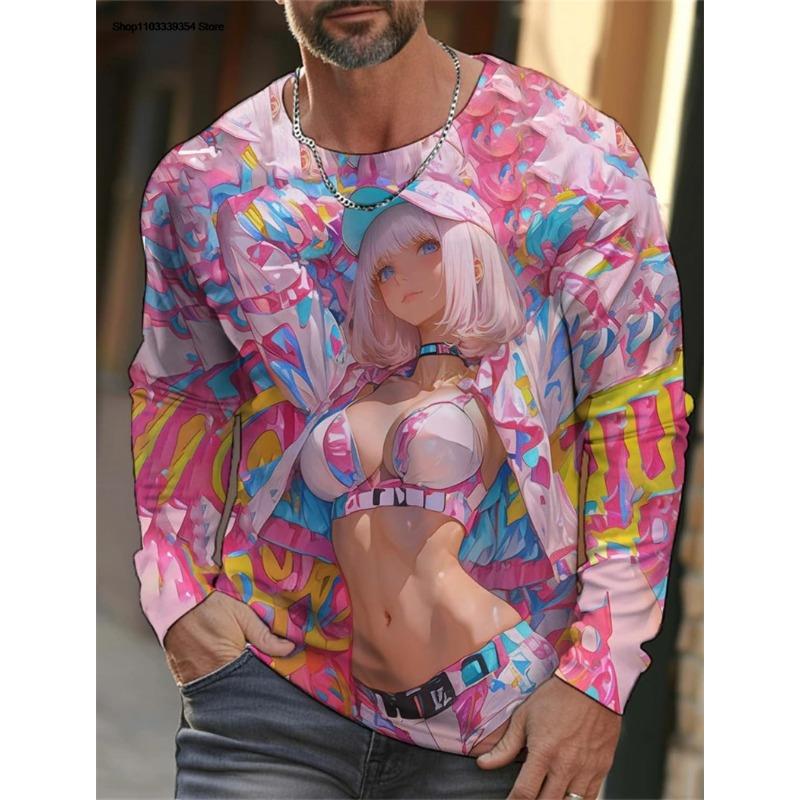 Anime Girl Graphic 3D Printed Top Casual Long Sleeved Men's T-shirts - Soft Medium Stretch Polyester Fabric Spring and Autumn Relaxed Fit Clothing