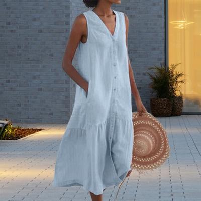 Women's Summer Sleeveless Dress Button Down V-neck Maxi Dress Summer Loose Fit A-Line Beach Dress for Everyday Office Vacation