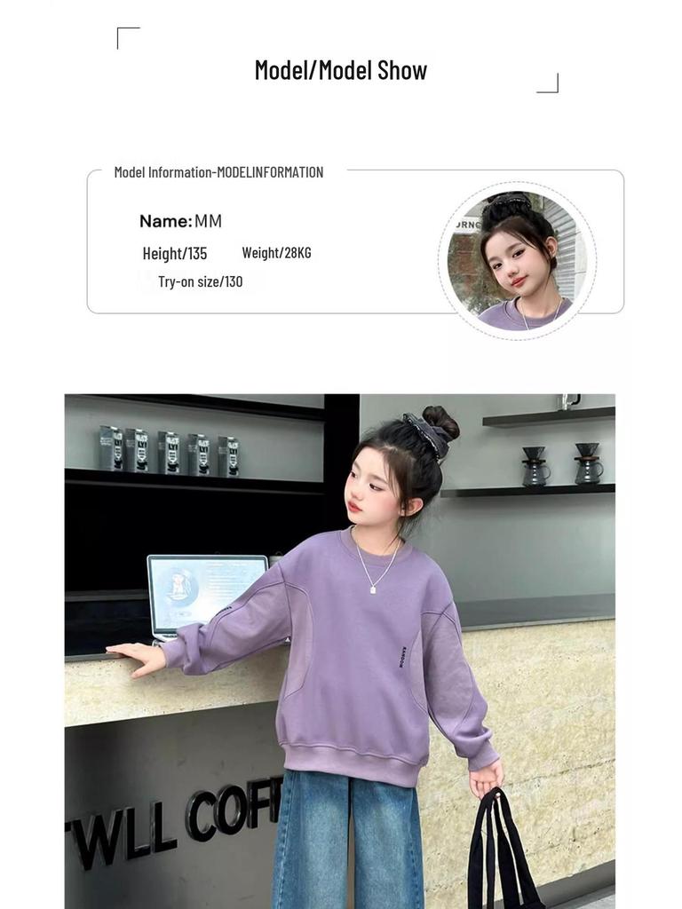 Dívčí módní volná mikina s kulatým výstřihem a dlouhým rukávem - Kolekce Podzim/Jaro 2025