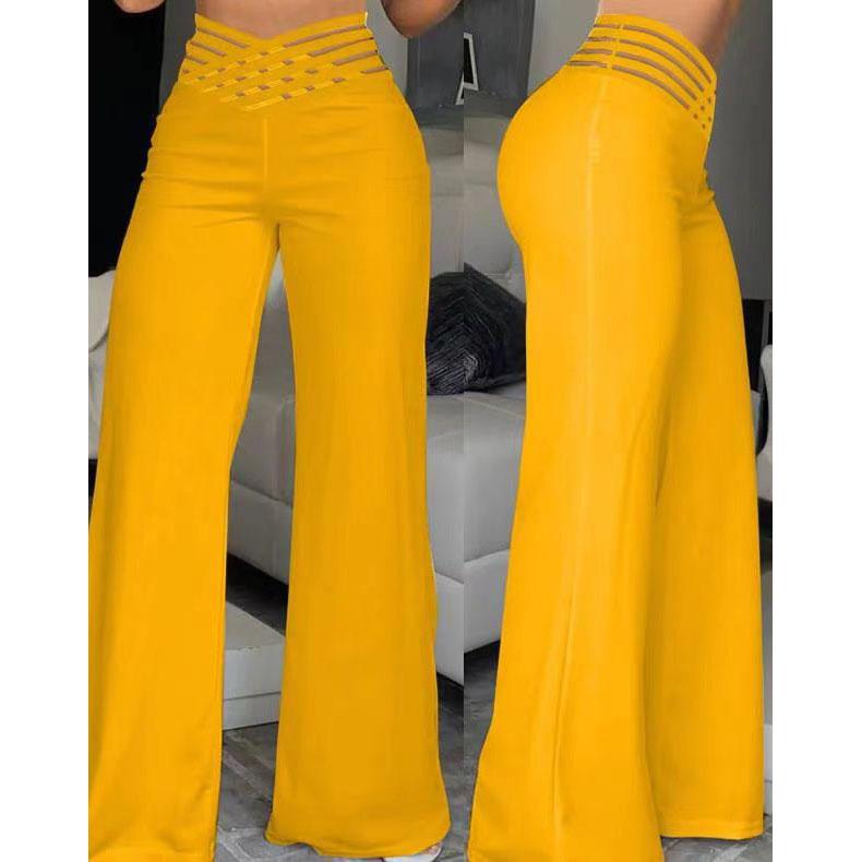 Women Elegant Work High Waist Trousers Autumn Casual Crisscross Sheer Mesh Patch Women Wide Leg Flared Pants Plus Size