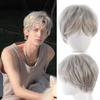 Men Synthetic Gray Wigs with Bangs Short Layered Wave Black Hair Daily Party Cosplay Brown Wig Heat Resistant Fibre